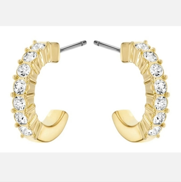 SOLD - Swarovski Gold Tone White Pave Crystal Mini Hoop Earrings 5022451 - Picture 7 of 7
